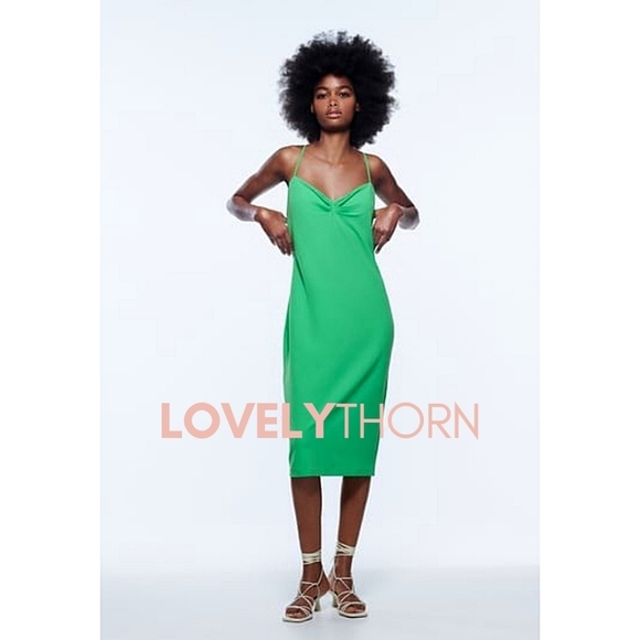 ZARA // green ruched adjustable straps midi slip dress - Picture 7 of 11